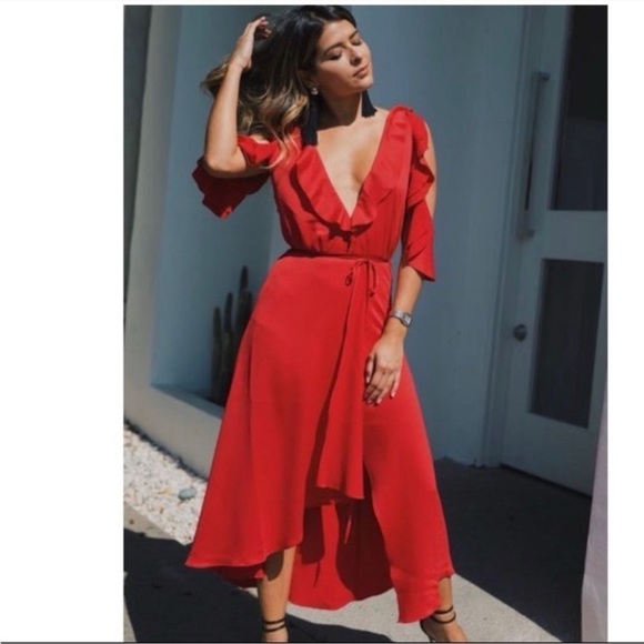 French Connection red cold shoulder dress ruffles faux wrap size 4 - Picture 1 of 13